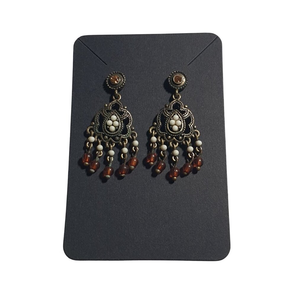 Antique Style Filigree Dangle Earrings With Beaded Details On Brass Metalwork